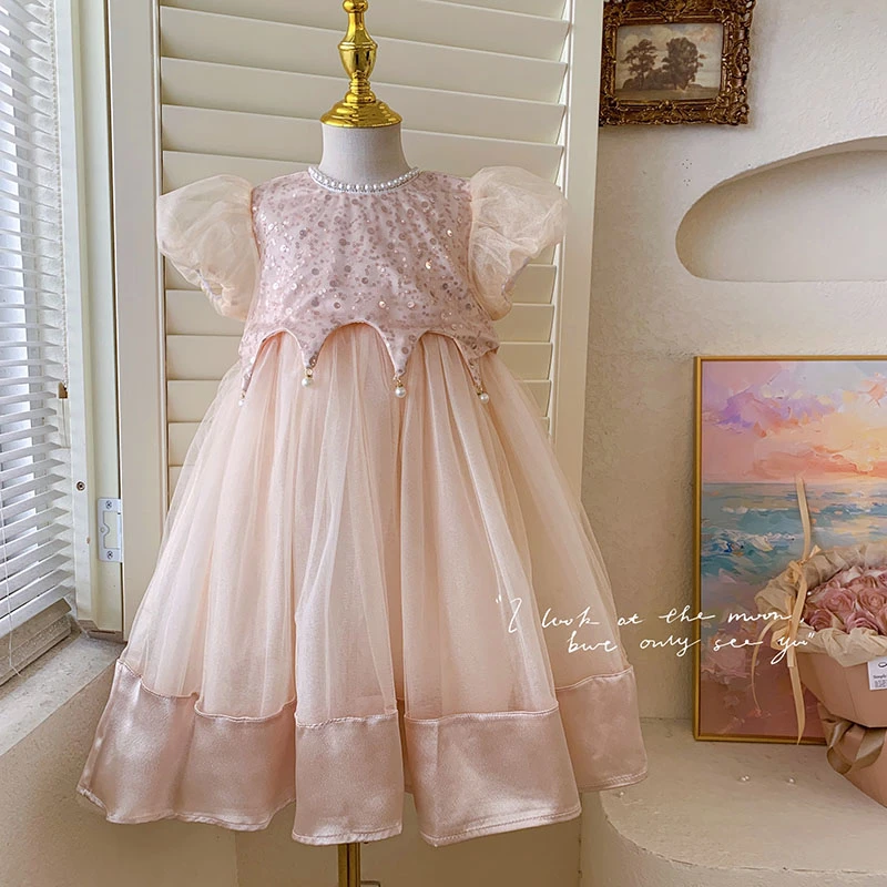 【本妈】2025夏”流转星河”女童泡泡袖亮片网纱连衣裙yf53