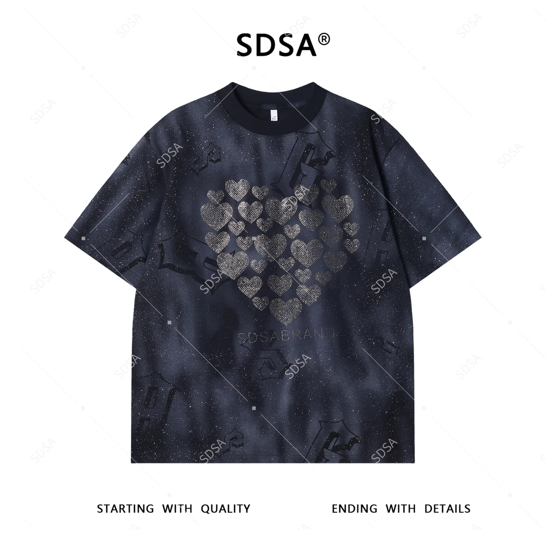 夏季高级感新款男士美式满天星烫钻爱心字母短袖T恤重磅百搭上衣