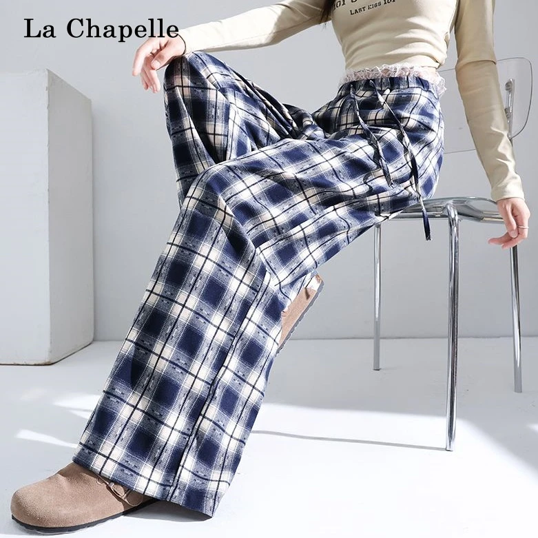 拉夏贝尔蕾丝花边复古格子裤女爆款高腰显瘦秋冬慵懒风直筒阔腿裤