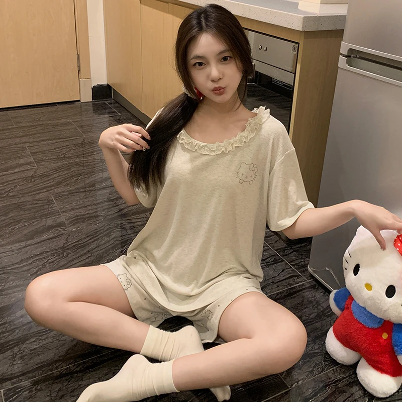 夏季莫代尔简约蕾丝KT猫学院风卡通圆领套装家居服睡衣女家居服