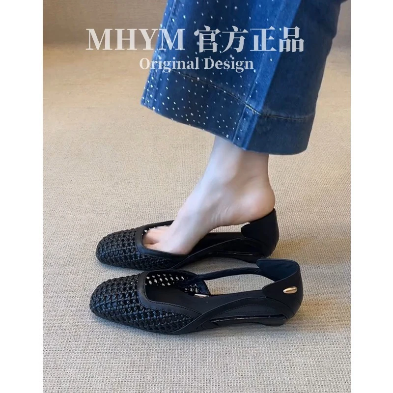 MH官方真皮复古镂空编织一字带玛丽珍鞋女单鞋气质平底包头凉鞋