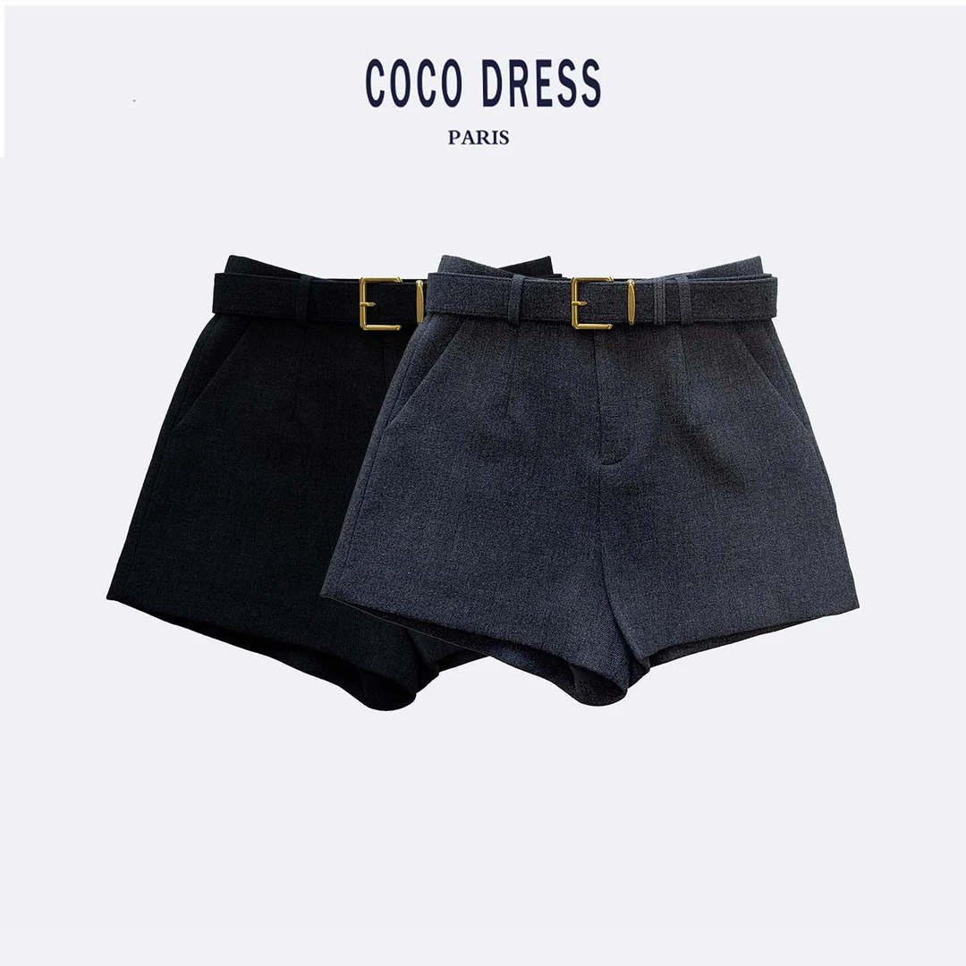 秋冬毛呢加厚A字摆腰带精致百搭显瘦三分短裤