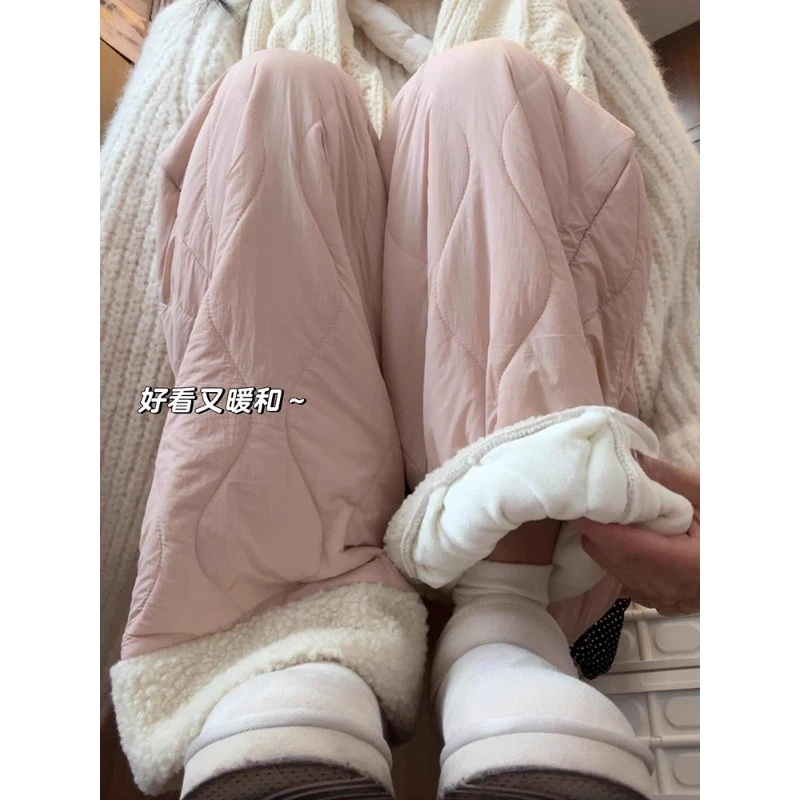 粉色摇粒绒棉裤女秋冬2025新款休闲保暖裤加绒裤子拼接毛绒阔腿裤