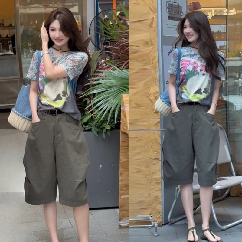 减龄印花T恤裤子两件套女2025夏季新款休闲美式宽松潮流韩系套装