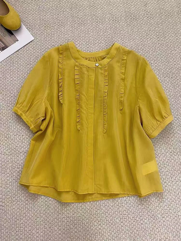 董小姐/691 韩系木耳边圆领短袖衬衫