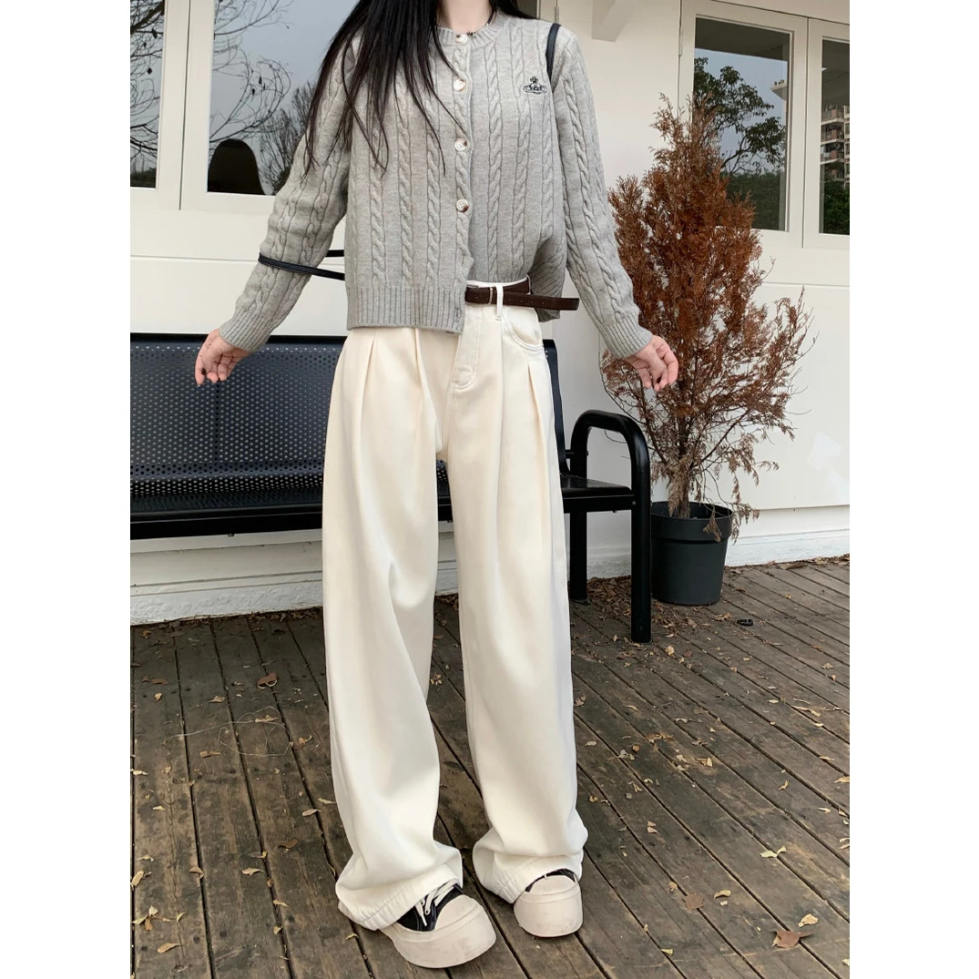 白色阔腿牛仔裤女2025春季新款大码胖mm宽松显瘦高腰垂感拖地长裤