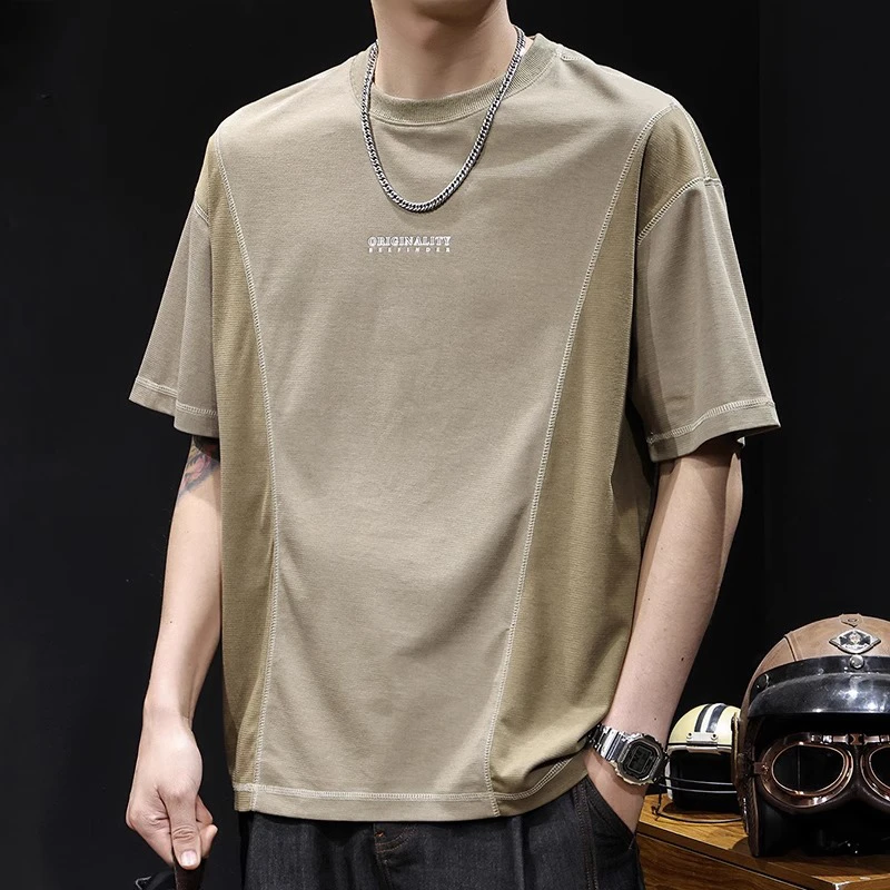 潮龛天丝莱塞尔短袖t恤男潮牌夏季2025新款高端轻薄衣服拼色体恤