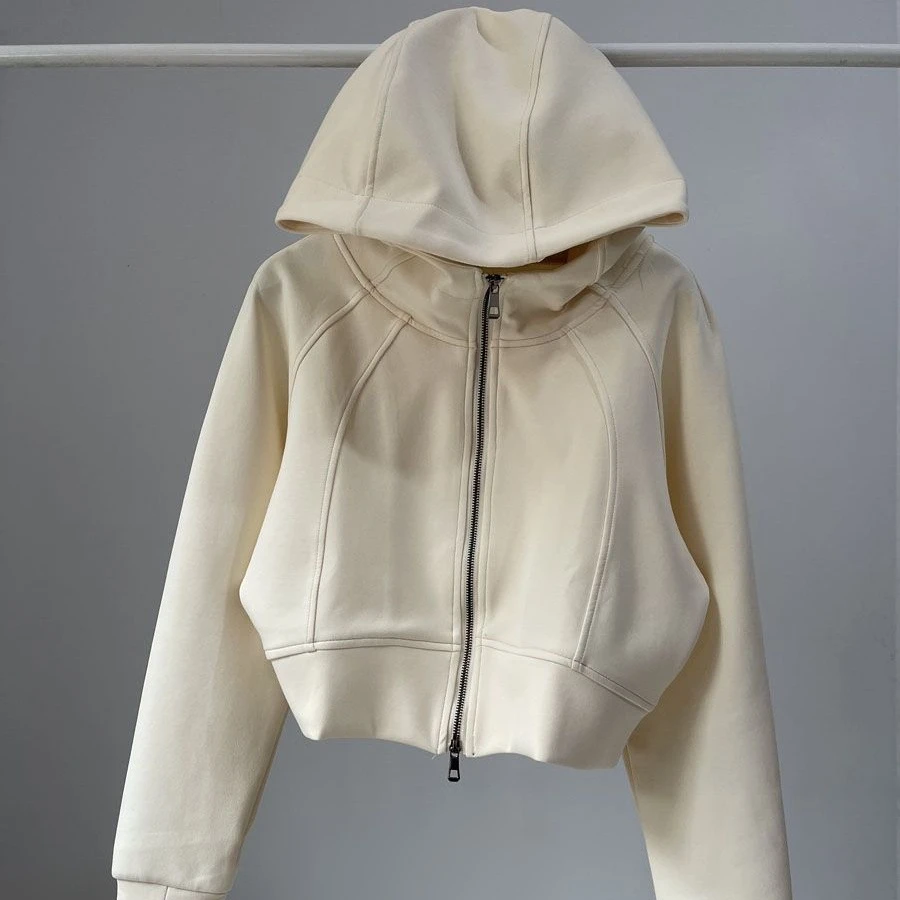 运动卫衣女美式辣妹时髦空气层料春秋宽松开衫连帽上衣纯色短外套