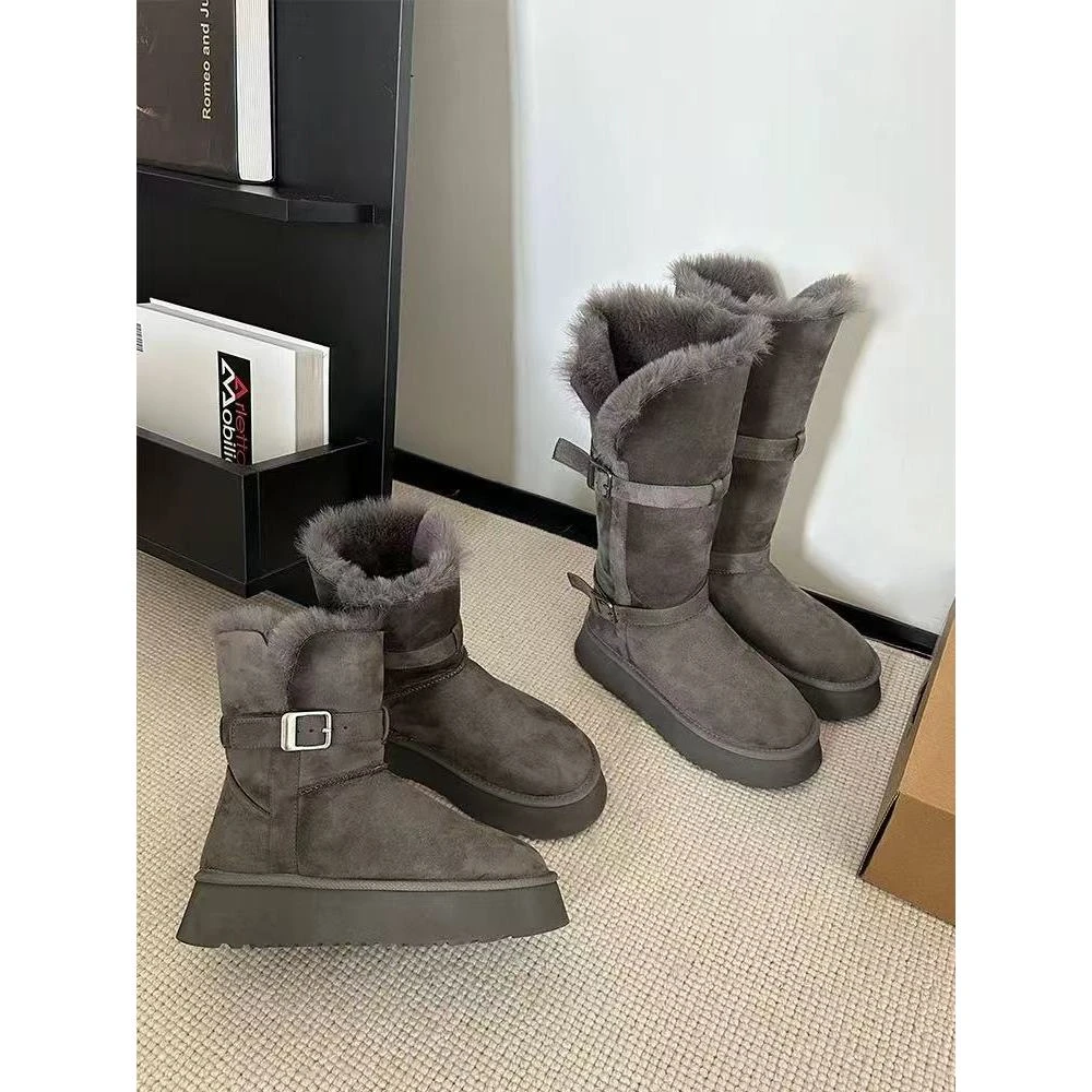 【ll-gl】两穿骑士靴女秋冬新款东北保暖不过膝皮带扣雪地靴棉靴