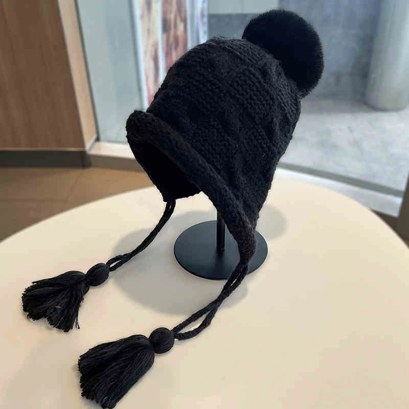 秋冬季流苏护耳针织帽女保暖可爱毛球套头帽学生防寒包头毛线帽子