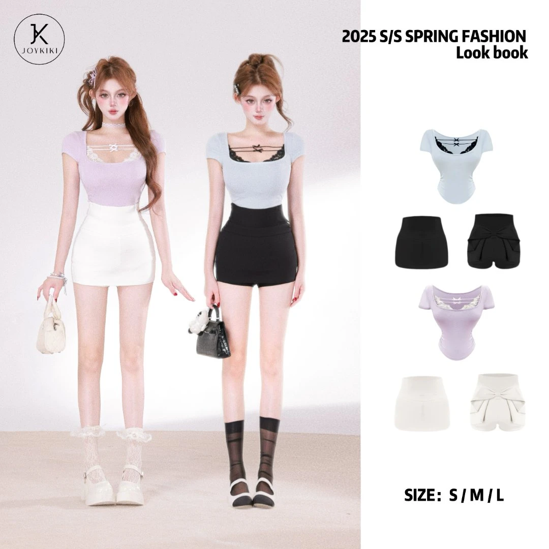 JOYKIKI鹅了么【雾屿甜梦】夏季纯欲御姐显瘦拼接上衣套装J25B352