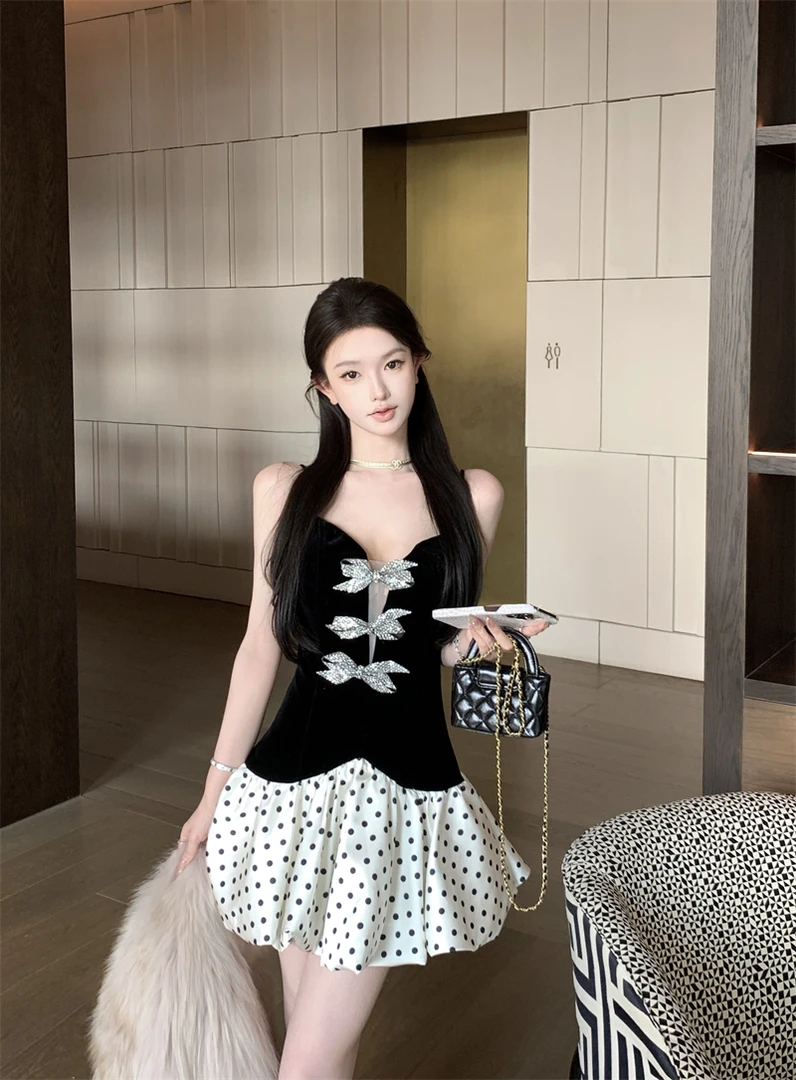 高级感气质蝴蝶结镶钻吊带丝绒连衣裙拼接波点缎面蓬蓬礼服小短裙