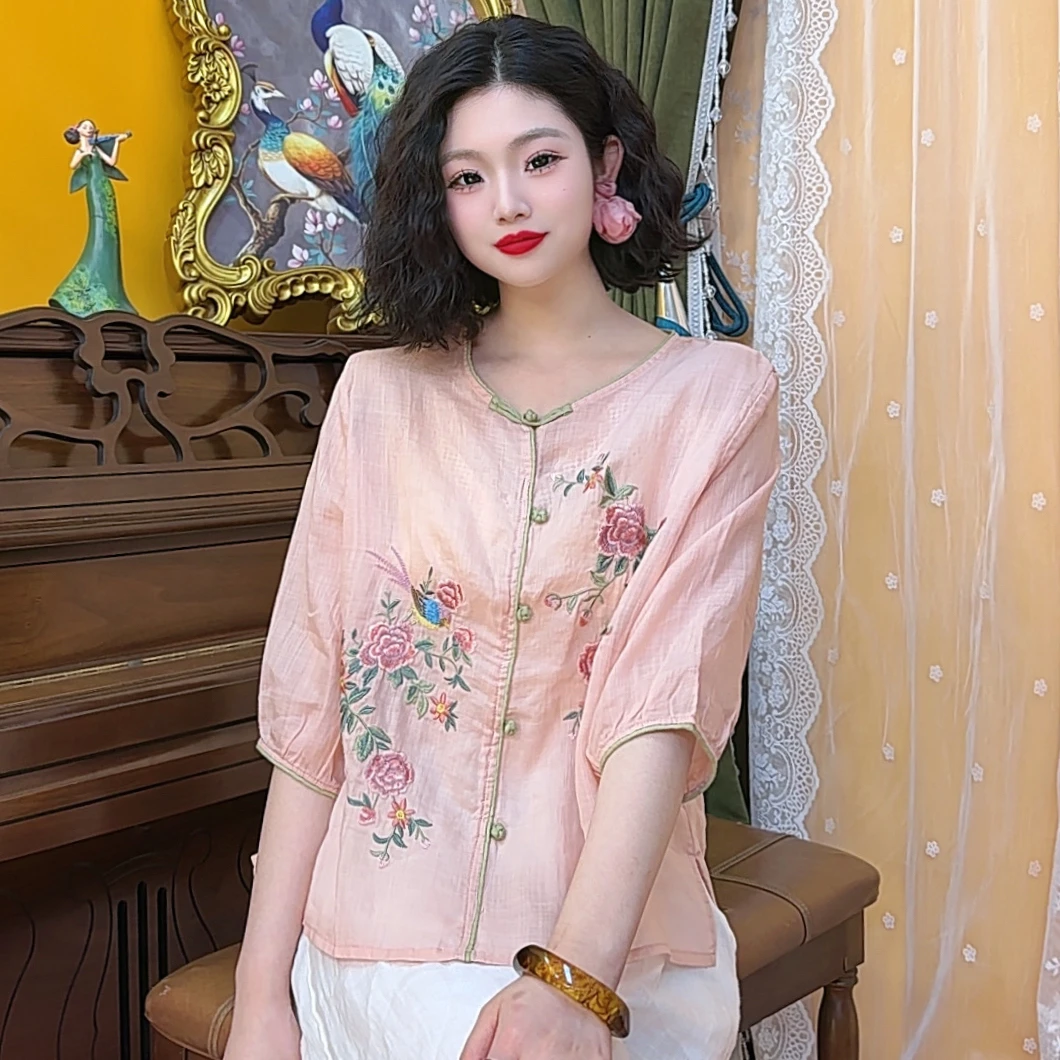 复古民族风纯苎麻重工刺绣圆领盘扣薄款显瘦上衣女禅意百搭茶服夏