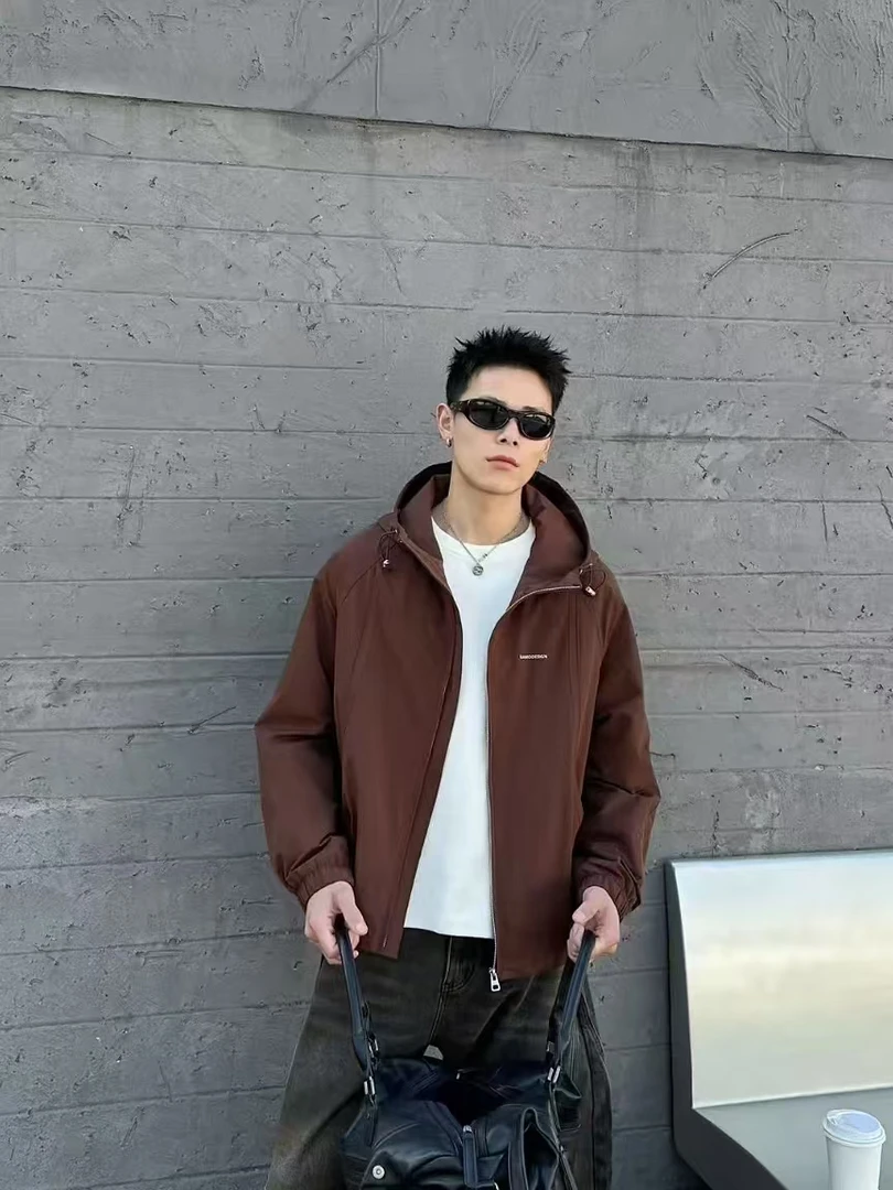 连帽字母休闲男春季复古高领夹克带帽潮流男装宽松冬季男士简外套