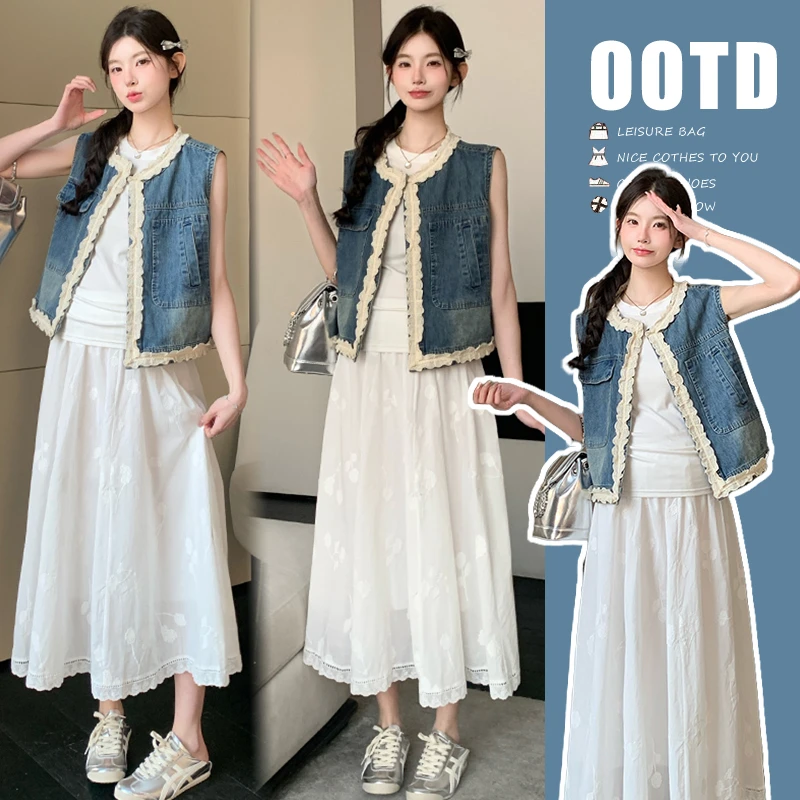 { 糕糕 }孕妇装2025夏季新款韩版牛仔马甲背心半身裙三件套孕妇装