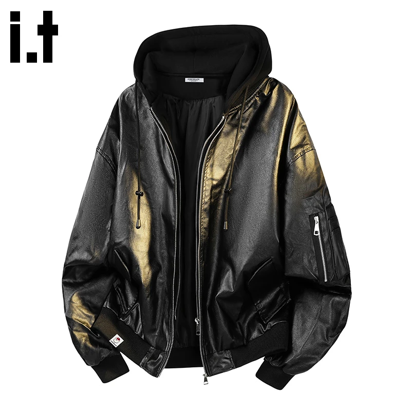 i.t:CHOCOOLATE美式皮衣夹克男款秋冬季新款黑色工装连帽保暖外套