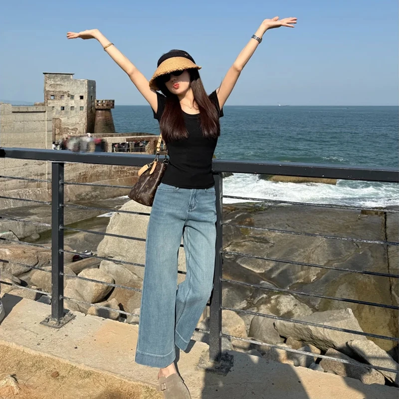 浅蓝色高腰直筒牛仔裤女2025夏季新款大码胖mm梨形身材显瘦烟管裤