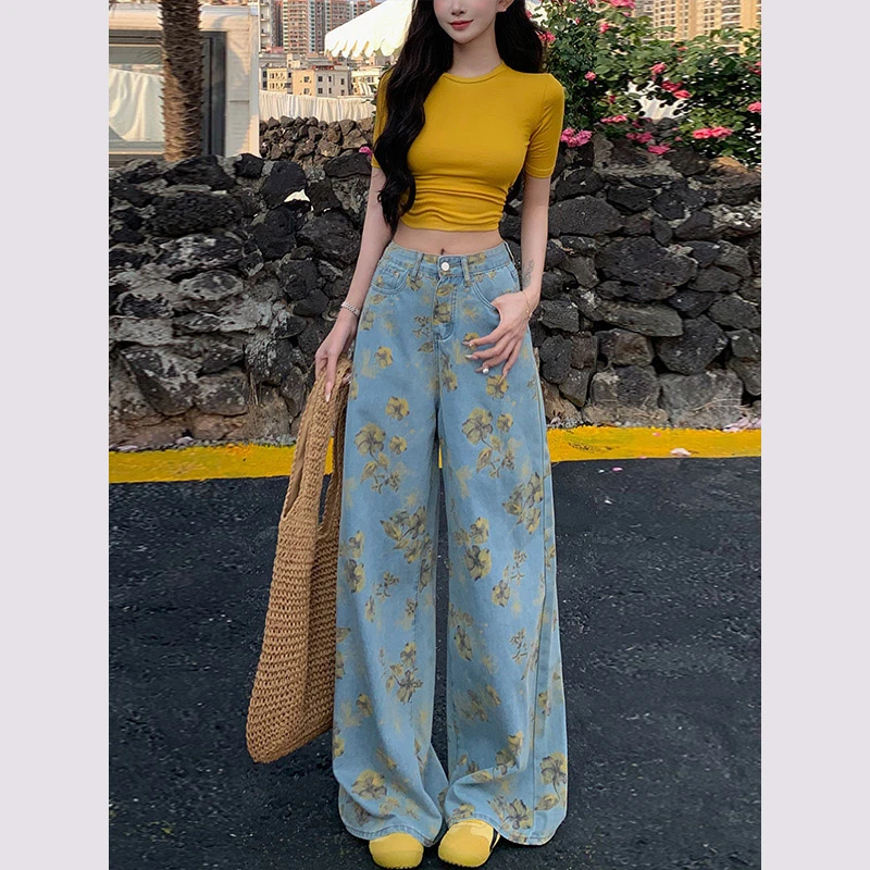 时尚碎花阔腿牛仔裤女2025年夏季新款高腰慵懒宽松堆堆垂感长裤子
