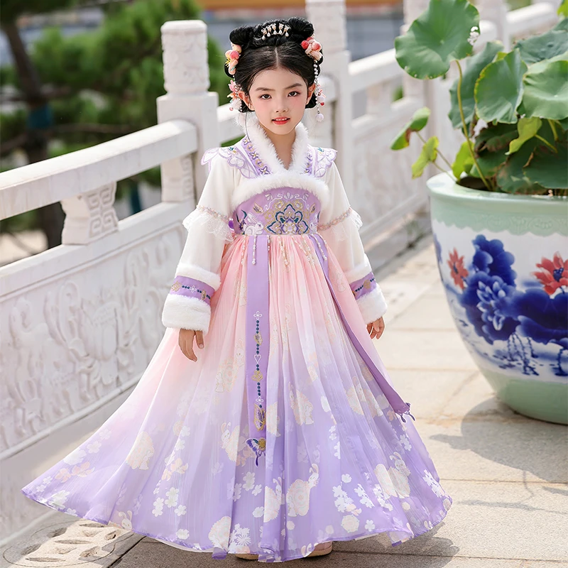 女童汉服儿童裙子宝宝冬季保暖加绒裙子中国汉服女童古装
