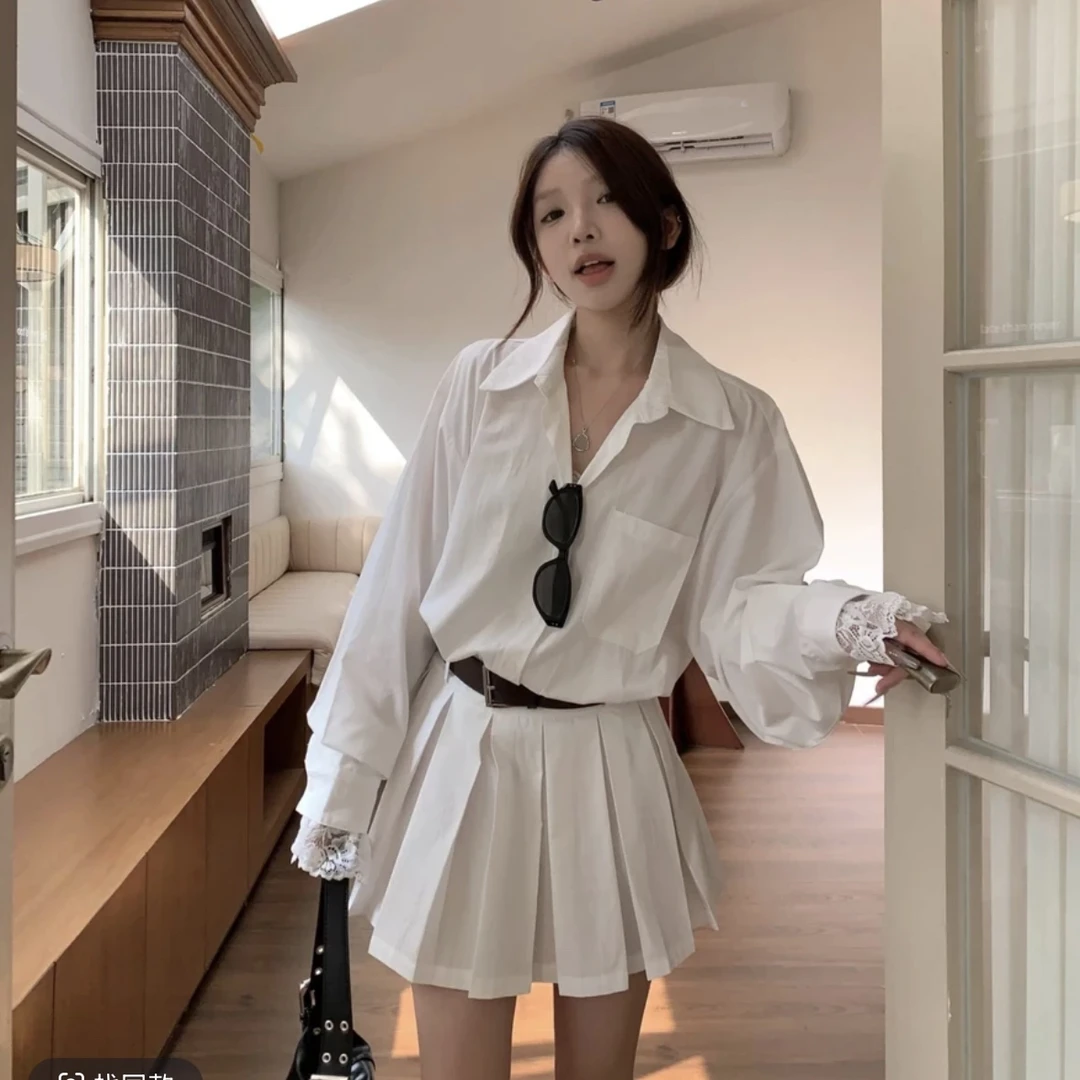 新款时尚Polo领气质蕾丝拼接纯欲风衬衫连衣裙