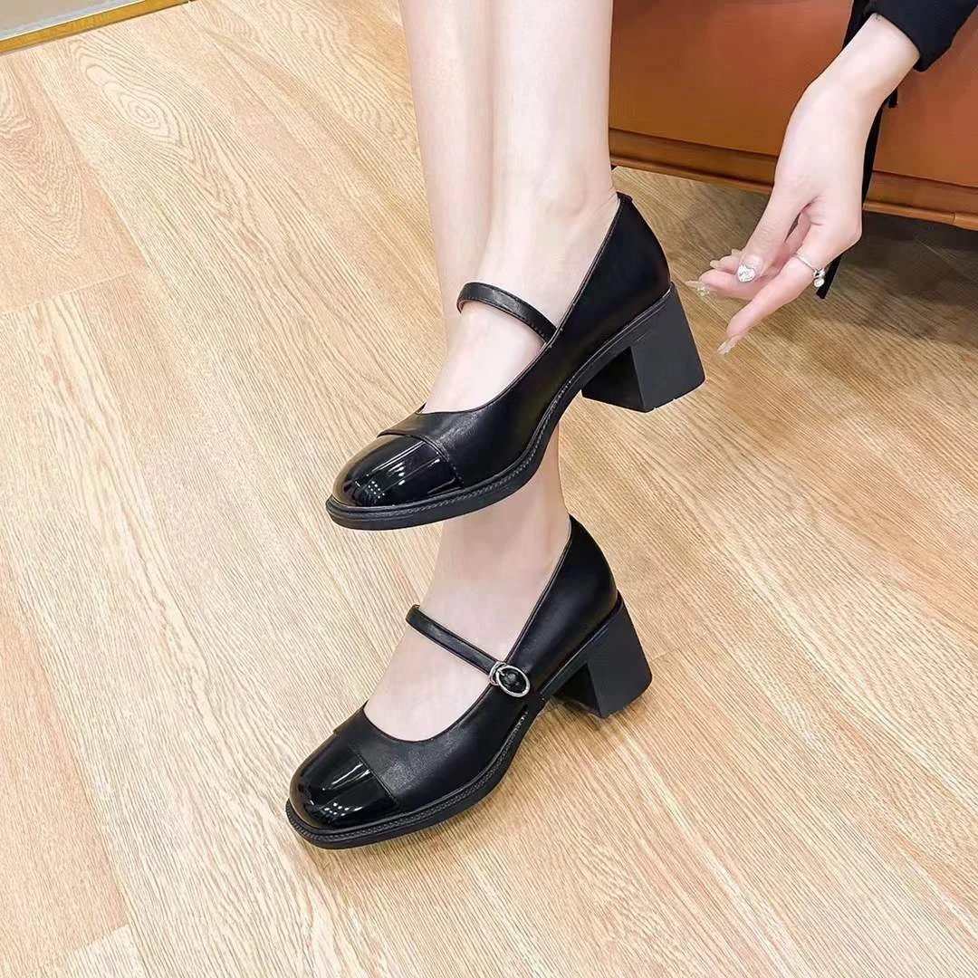 新款887721时尚百搭黑色复古粗跟玛丽珍圆头高跟方头跟鞋春季浅口