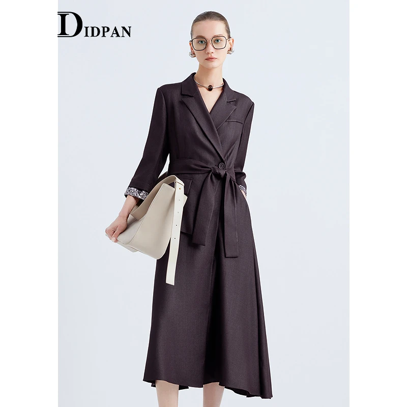 IDPAN气质时尚收腰中长款设计师通勤秋季系带连衣裙2F3L94057