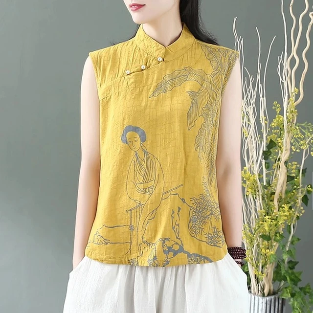 文艺复古棉麻斜襟马甲盘扣背心女中国风无袖外穿坎肩印花茶服上衣