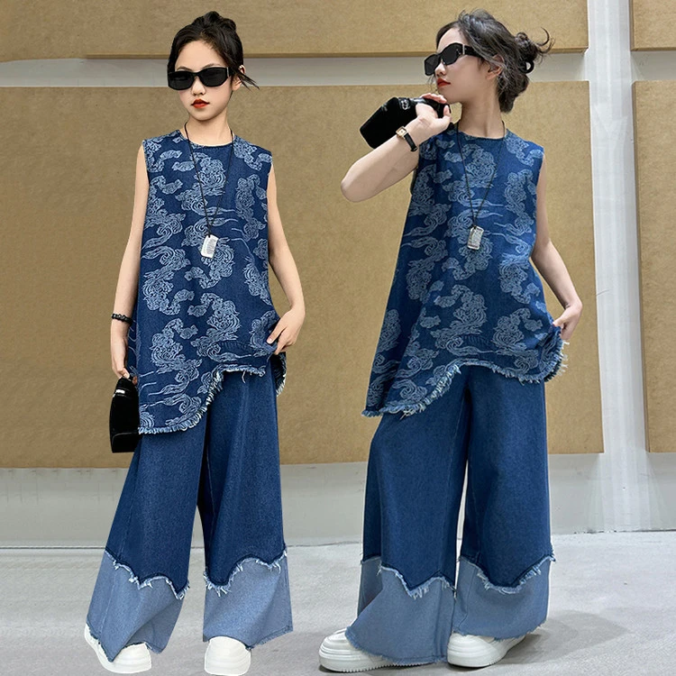 女童夏季新款中国风2025儿童洋气薄款无袖时尚阔腿裤祥云牛仔套装