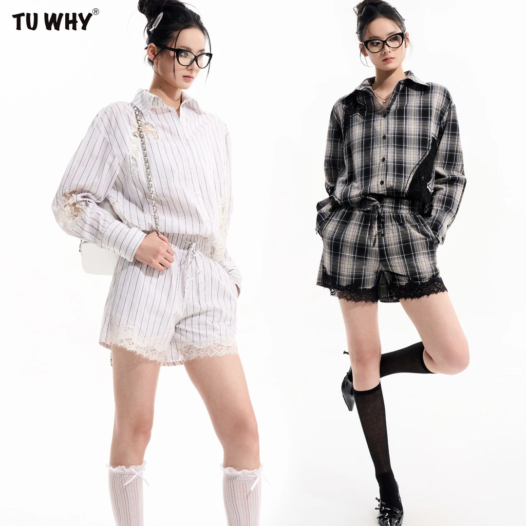 TUWHY【春夏新品】“伍德玫瑰”镂空蕾丝格子条纹衬衫原创衬衣女