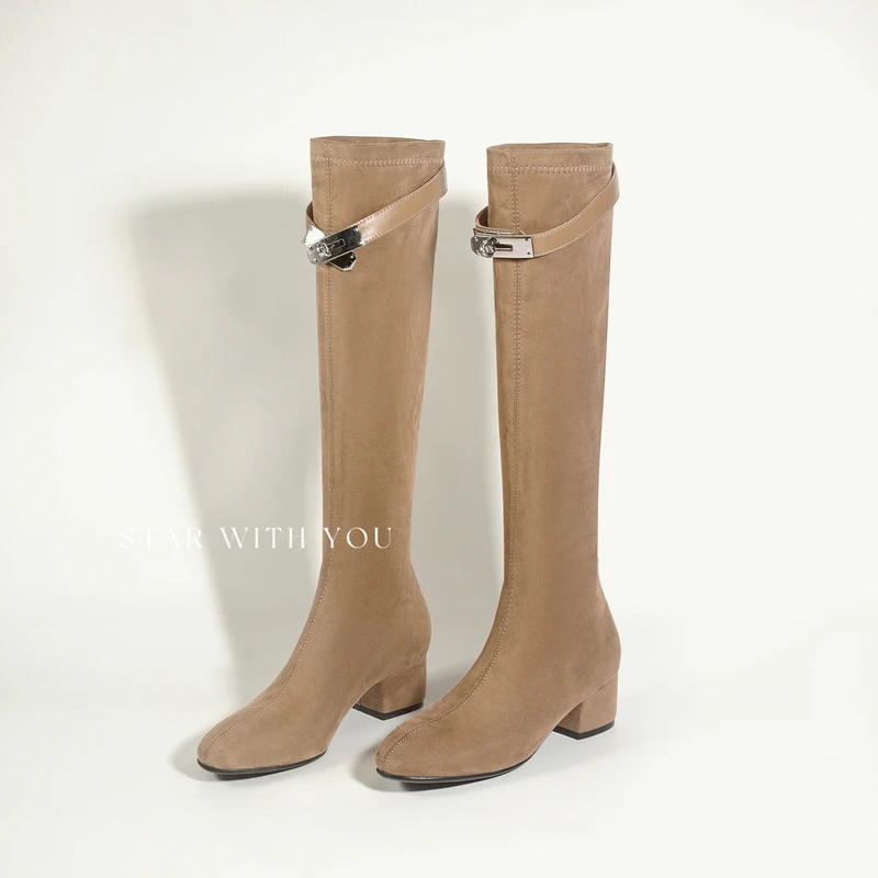 【Lemon】复古绒面气质百搭粗跟圆头贵气凯莉扣显瘦瘦瘦靴4cm