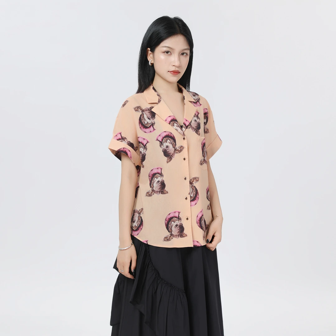 AMASS/阿玛施夏季气质时尚宽松印花棉质翻领短袖衬衣女士5300660