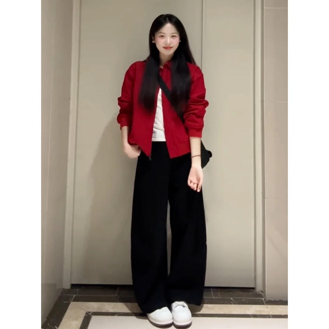 初秋覆古红色翻领夹克外套女2025新款早春秋季薄款棒球服短款上衣