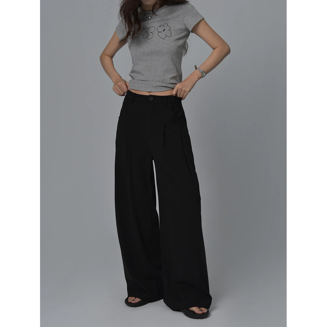 SIXI四喜家 轻氧松弛裤 黑色垂感西装裤女春夏宽松休闲直筒阔腿裤