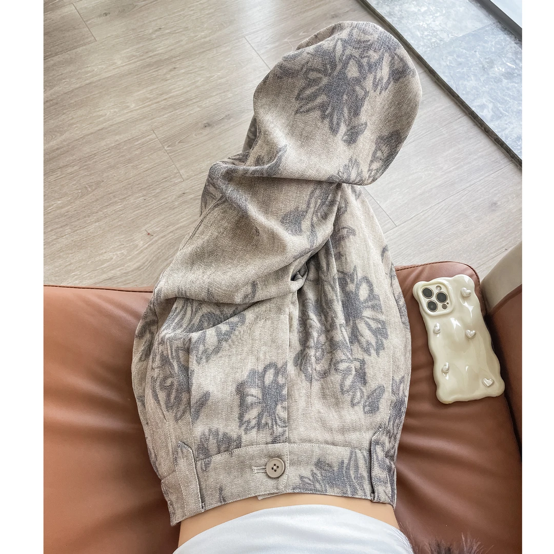 印花亚麻冰丝阔腿裤女夏季薄款2025新款水墨画洋气小众直筒休闲裤