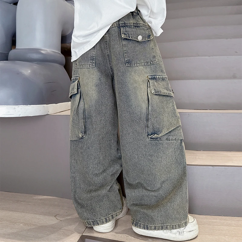 男童痞帅多口袋工装牛仔裤春秋2025新款儿童休闲百搭直筒裤中大童