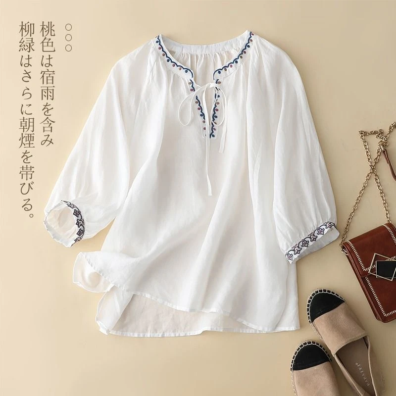民族风棉麻刺绣V领七分袖衬衫女夏季新款妈妈装大码宽松休闲上衣