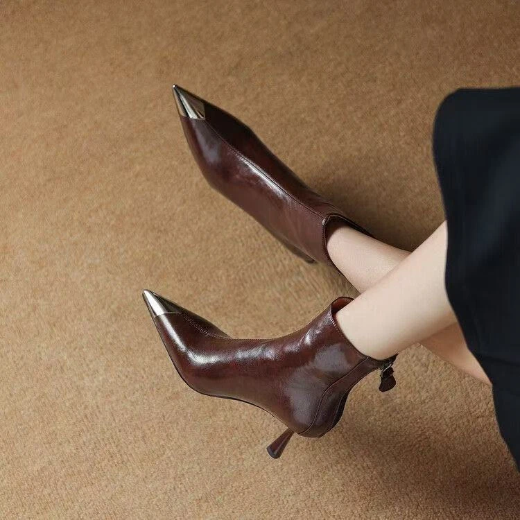 细跟皮短靴女2025秋冬新款尖头法式气质高跟鞋名媛显瘦靴子女鞋