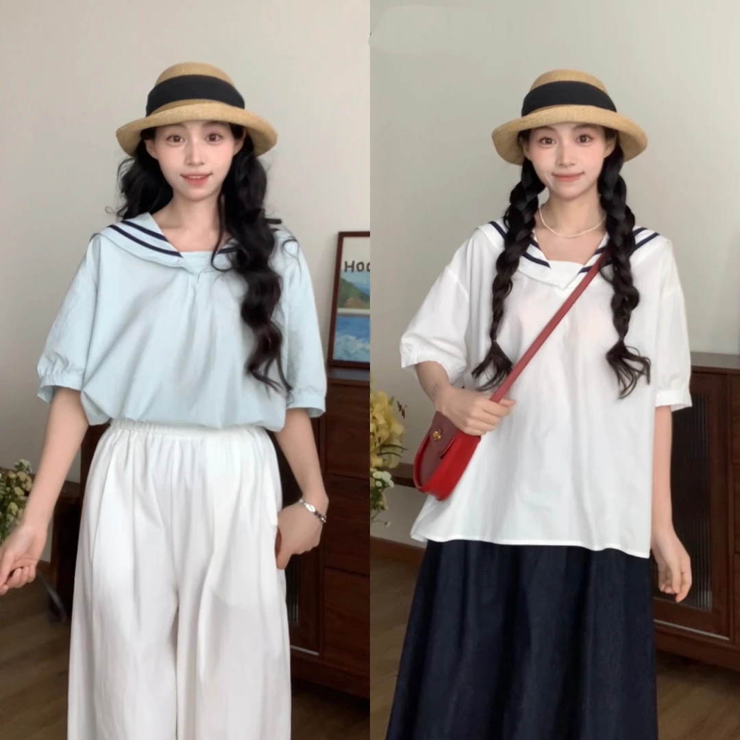 2264 “少女航海家”日系海军领宽松显瘦衬衫