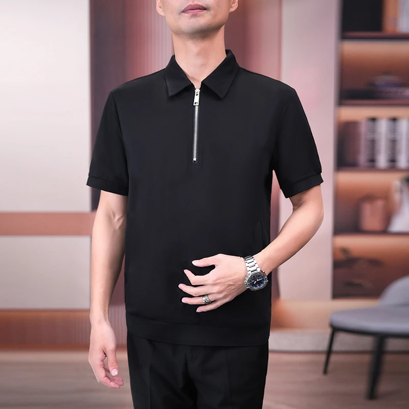 夏季新款轻奢男士时尚高品质拉链翻口袋短袖中年商务半袖黑F330