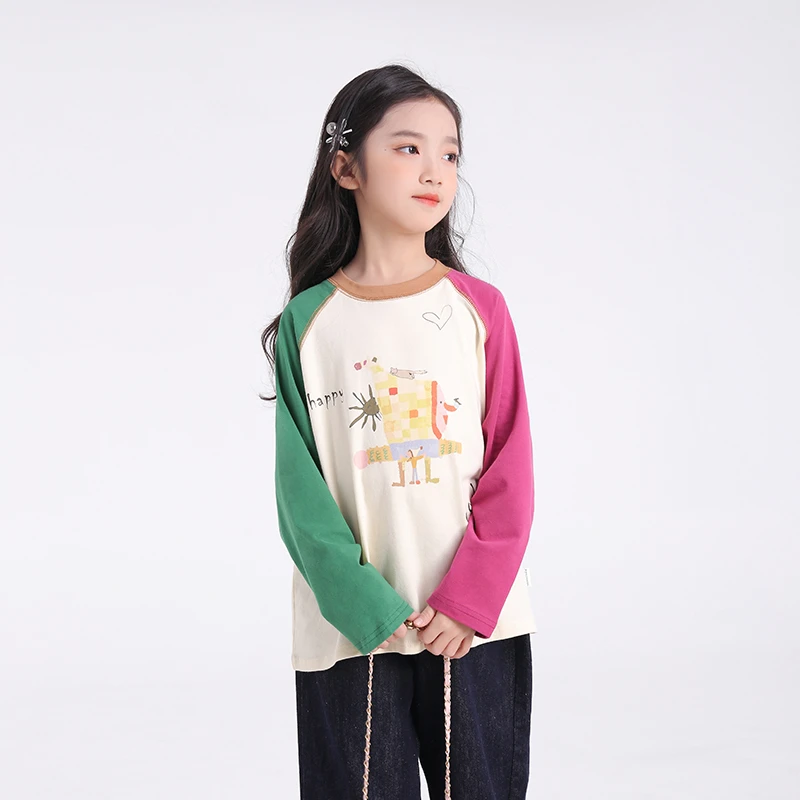 82075M儿童t恤百搭圆领卡通印花插肩袖2025春季新款洋气长袖上衣