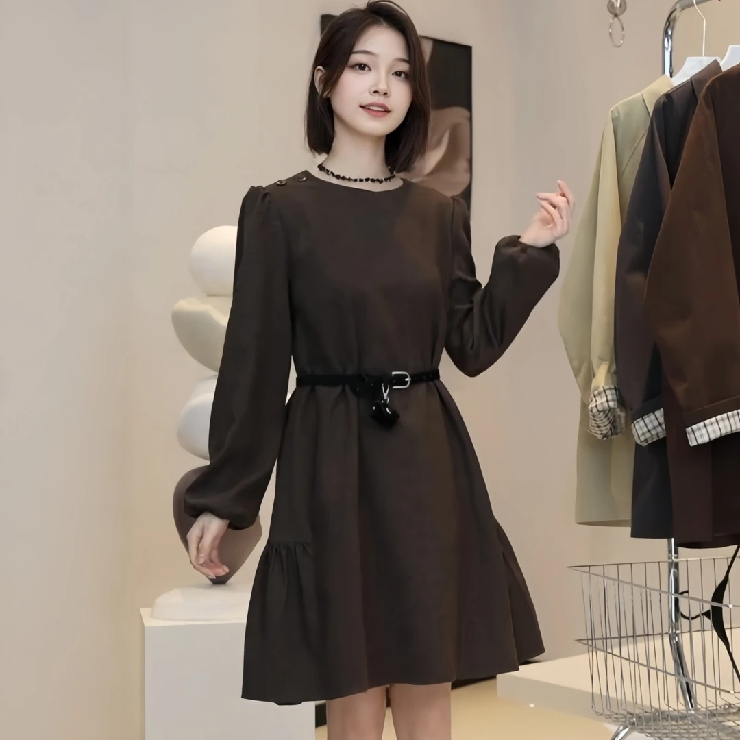 气质长袖休闲风连衣裙女2025秋季大码胖MM时尚圆领温柔中长款裙子