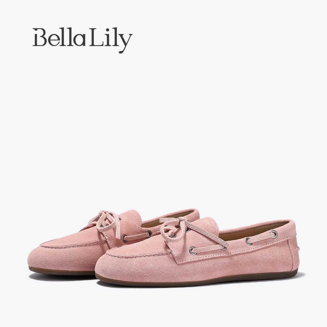 BellaLily2025秋季新款圆头系带豆豆鞋磨砂软底单鞋一脚蹬乐福鞋