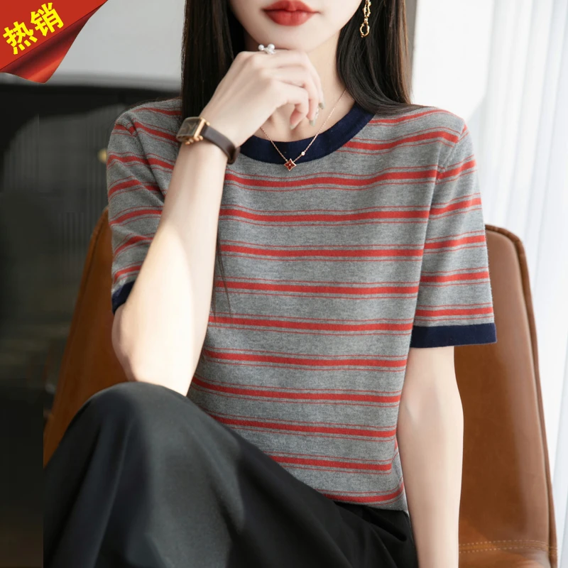 哥弟阿玛施正品25夏季新款针织衫圆领纯棉短袖t恤宽松花条纹上衣