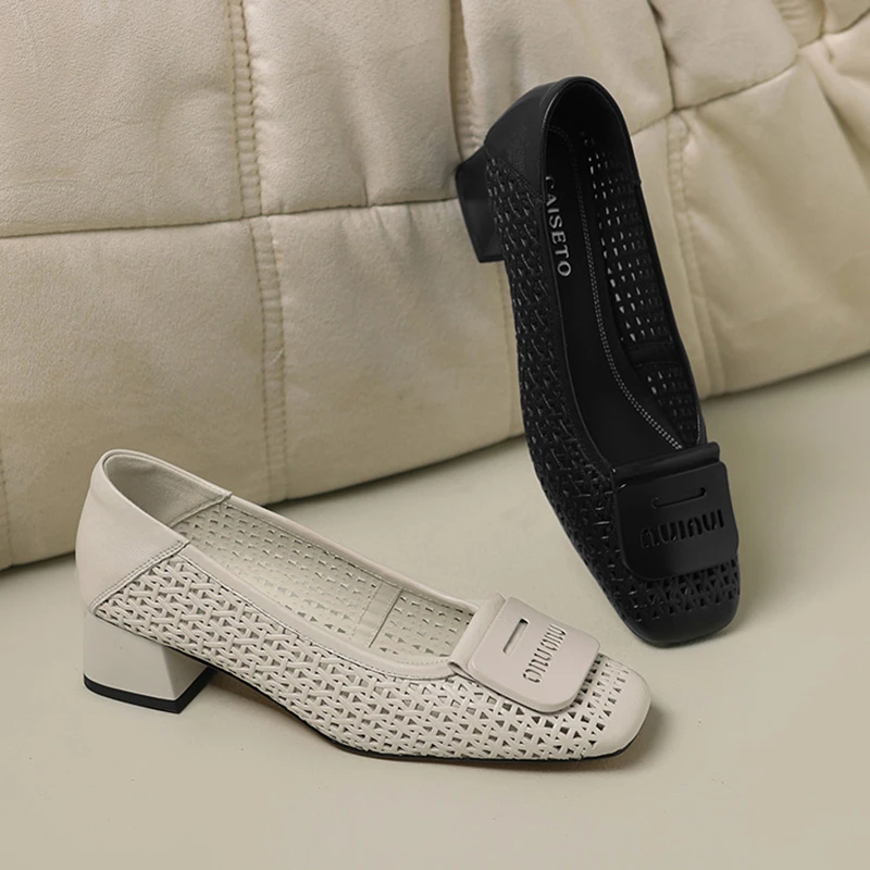 真皮牛皮2025夏季新款低跟粗跟浅口镂空凉鞋单鞋时尚女鞋q16-3336