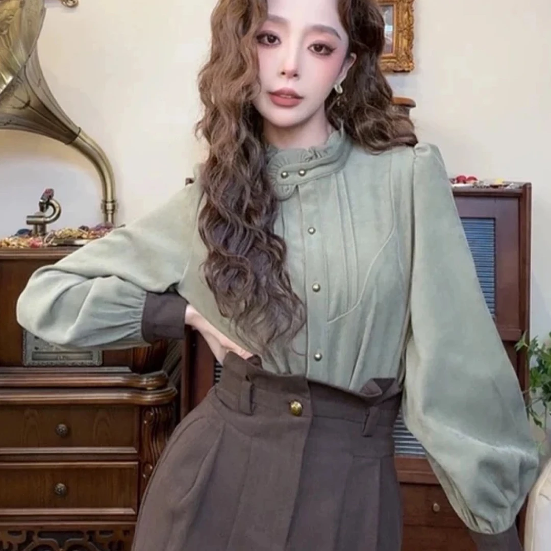 法式复古气质设计感撞色衬衫女秋冬加厚内搭长袖衬衣通勤宽松上衣