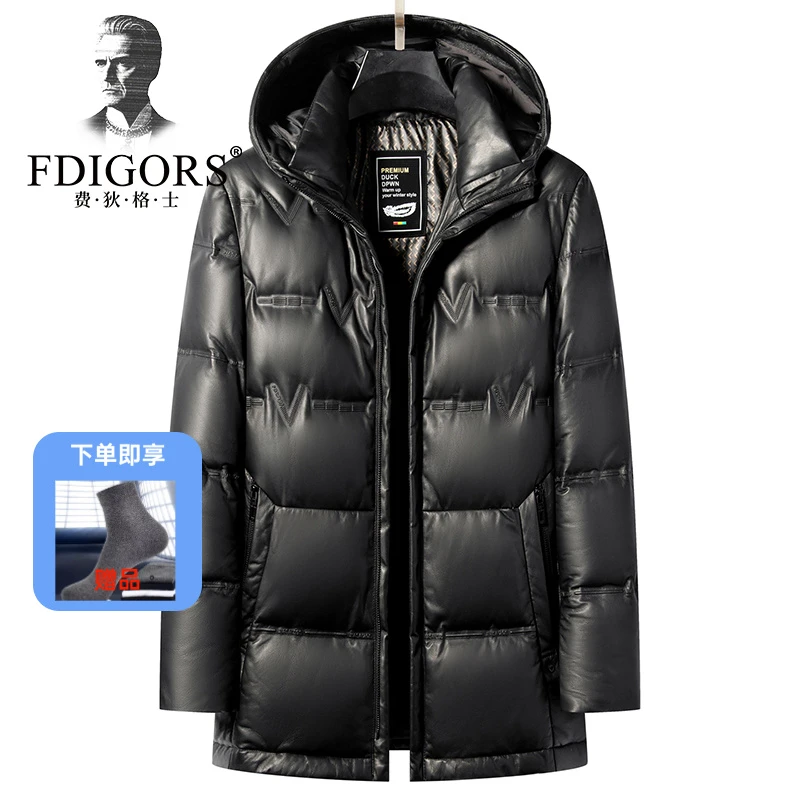 费狄格士绵羊皮真皮皮衣男中长款连帽真皮羽绒服加厚保暖外套