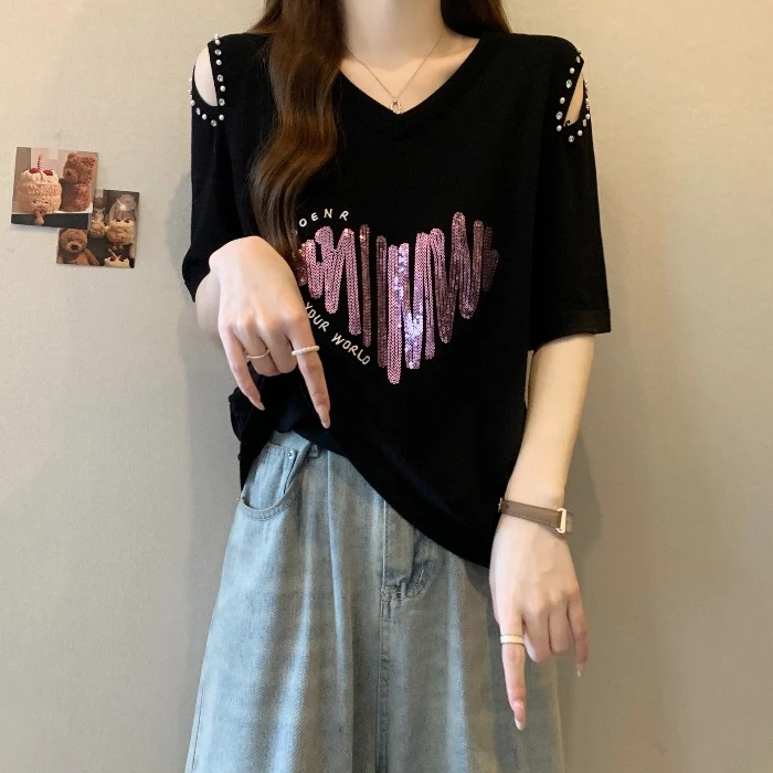 卡莲格/大码设计感褶皱黑色亮片钉珠T恤夏胖mm遮肉显瘦短袖上衣女