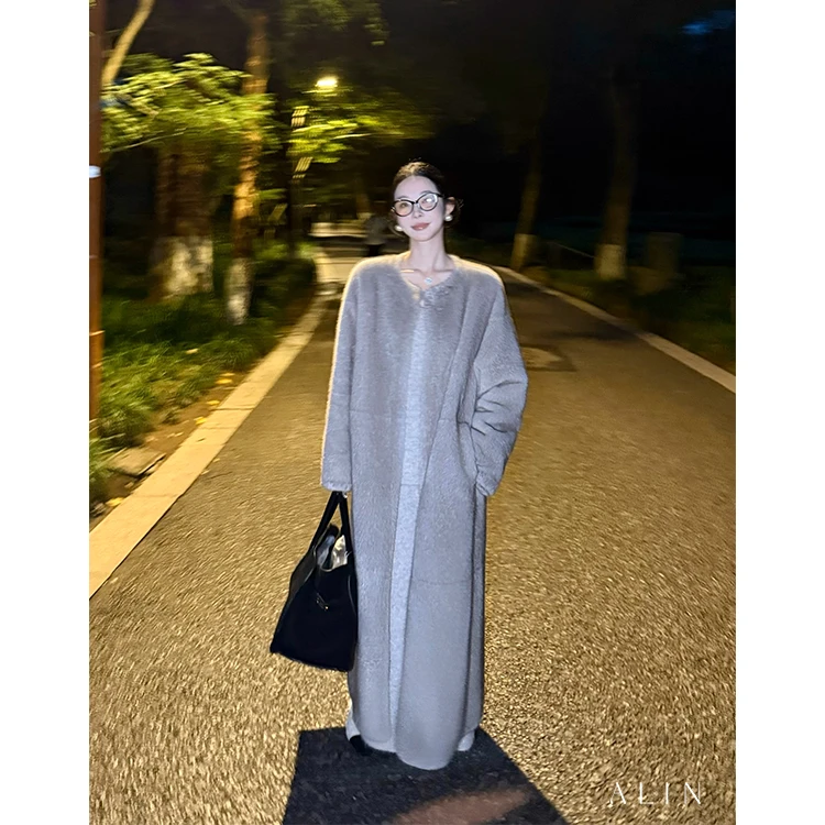 阿琳ALIN【里约热】冬季仿貂毛皮草外套V领皮毛一体大衣女AL5PPW11