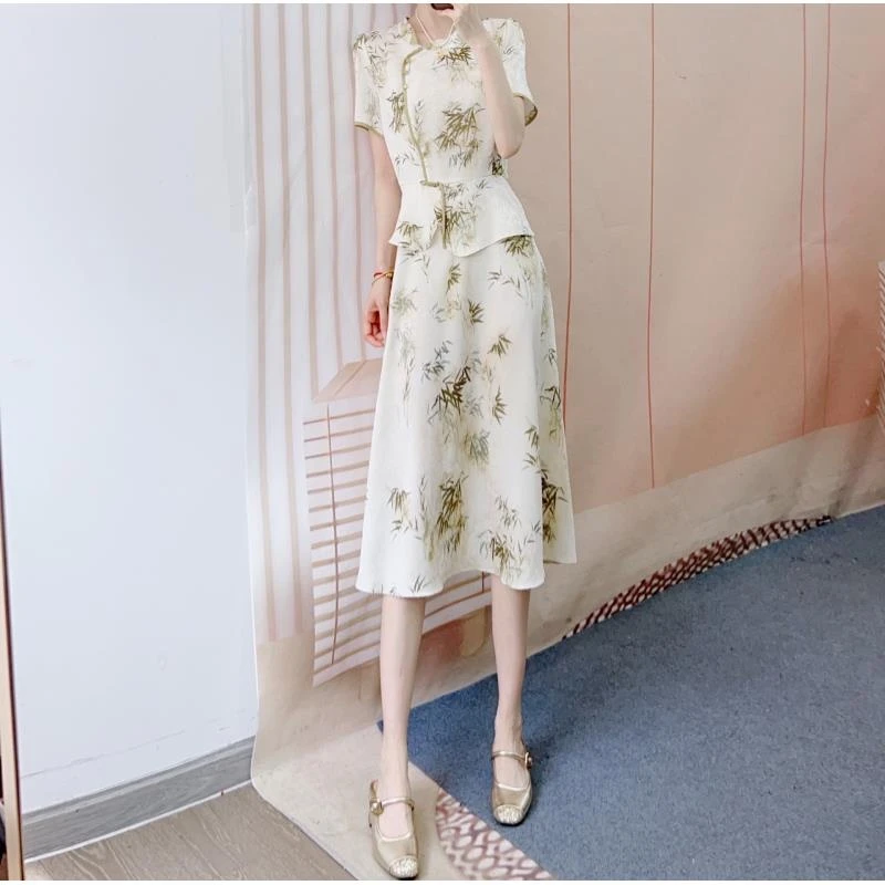 041竹子花拼接假两件短袖中长款连衣裙041/GP