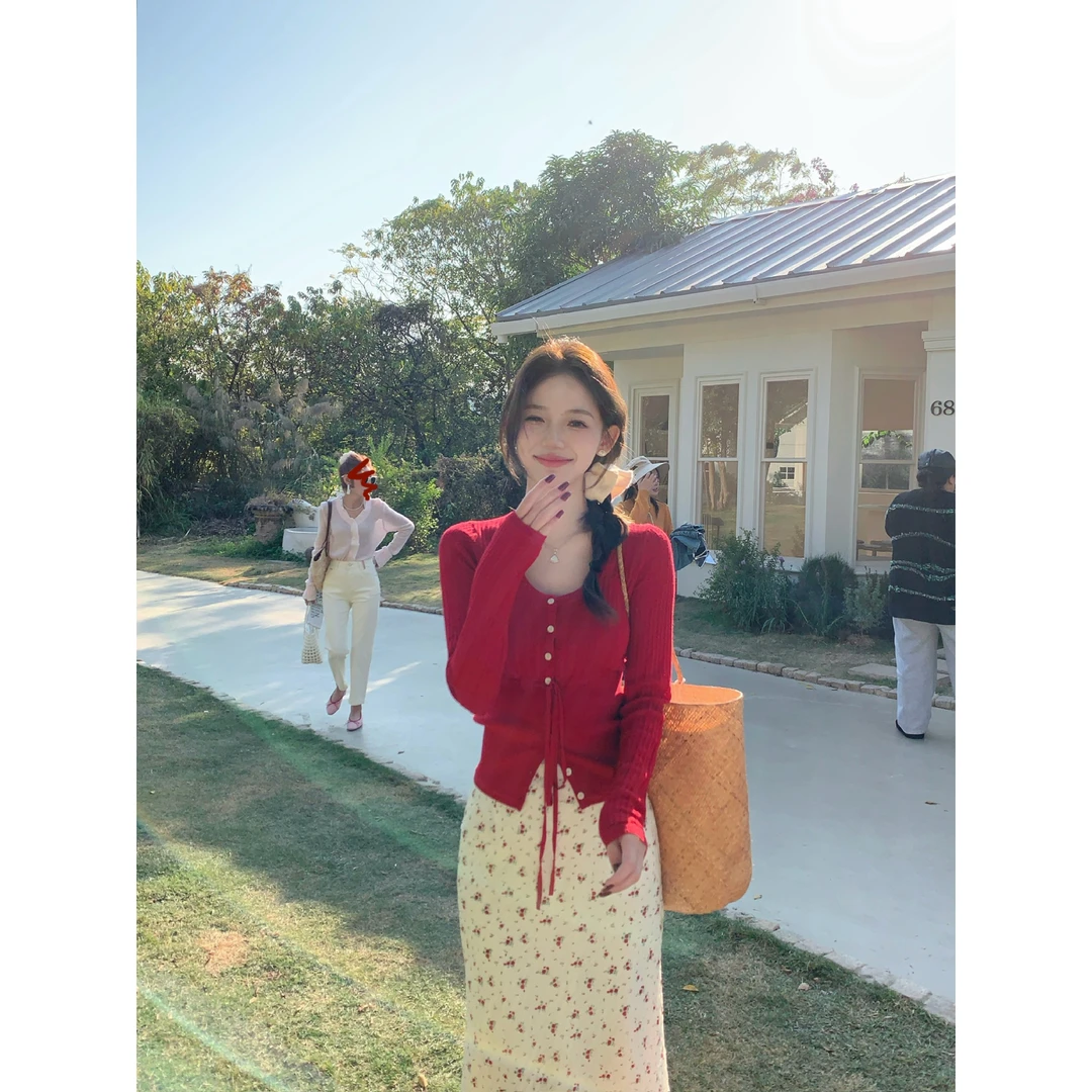 交个朋友专属【春日佳人】新年红镂空针织上衣碎花半裙春季两件套